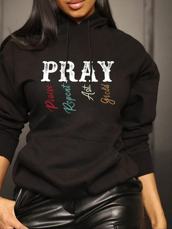 Women's Letter Print Drawstring Hoodie, Casual Long Sleeve Hooded Sweatshirt for Fall & Winter, Women's Tops for Daily...