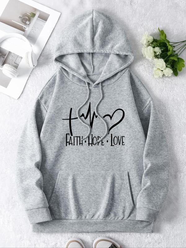 Women's Letter Print Drawstring Hoodie, Casual Long Sleeve Pocket Hooded Sweatshirt for Fall & Winter T-Shirts