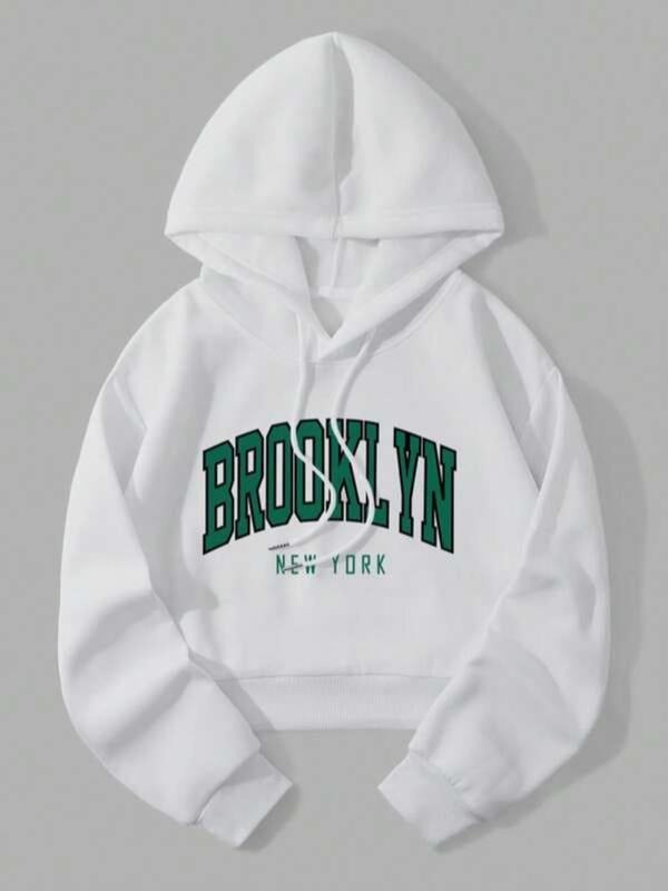 Women's Letter Print Drawstring Hoodie, Fashion Casual Drop Shoulder Long Sleeve Hooded Sweatshirt for Daily Outdoor...