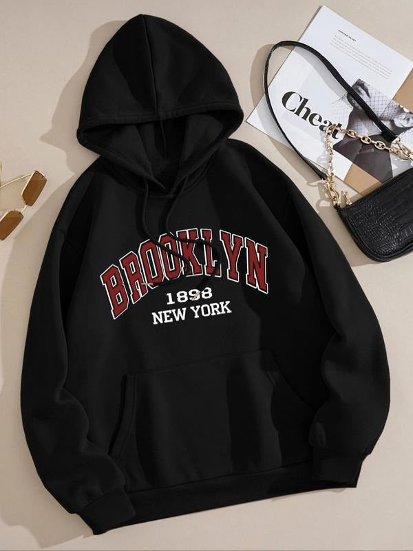 Letter Print Drawstring Pocket Casual Comfy Drop Shoulder Hooded Daily Clothes Fall & Winter T-Shirts, Hoodie, Sweatshirt