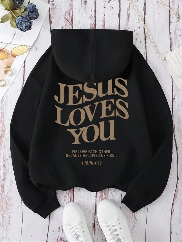 Women's Letter Print Drawstring Pocket Hoodie, Casual Drop Shoulder Long Sleeve Hooded Sweatshirt, Ladies Fall & Winter...