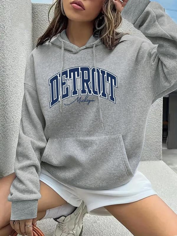 Women's Letter Print Drawstring Pocket Hoodie, Casual Drop Shoulder Long Sleeve Hooded Sweatshirt, Ladies Fall & Winter...