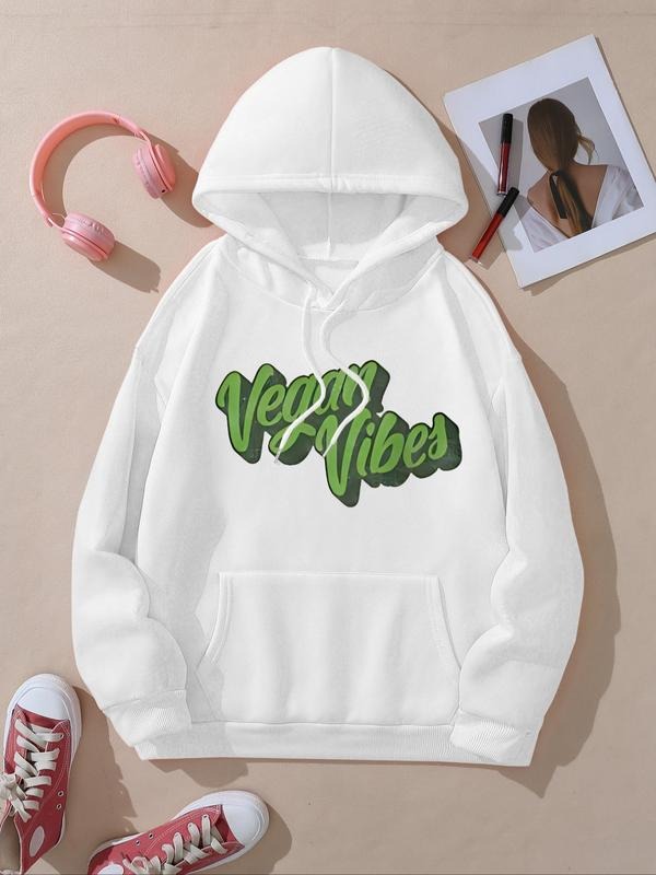 Women's Letter Print Drawstring Pocket Hoodie, Casual Drop Shoulder Long Sleeve Hooded Sweatshirt, Ladies Fall & Winter...