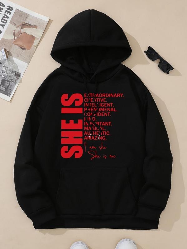 Women's Letter Print Drawstring Pocket Hoodie, Casual Drop Shoulder Long Sleeve Hooded Sweatshirt, Ladies Fall & Winter...