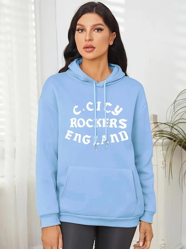 Women's Letter Print Drawstring Pocket Hoodie, Casual Drop Shoulder Long Sleeve Hooded Sweatshirt, Ladies Fall & Winter...
