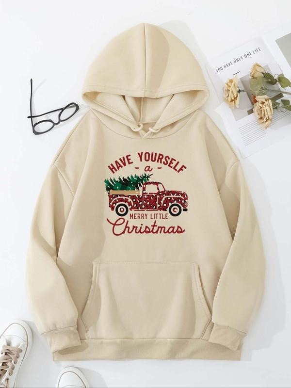 Women's Letter Print Drawstring Pocket Hoodie, Casual Long Sleeve Hooded Sweatshirt for Fall & Winter, Women's Clothes...