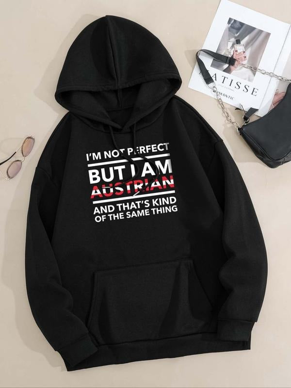 Women's Letter Print Drawstring Pocket Hoodie, Casual Long Sleeve Hooded Sweatshirt for Fall & Winter, Women's Clothes...
