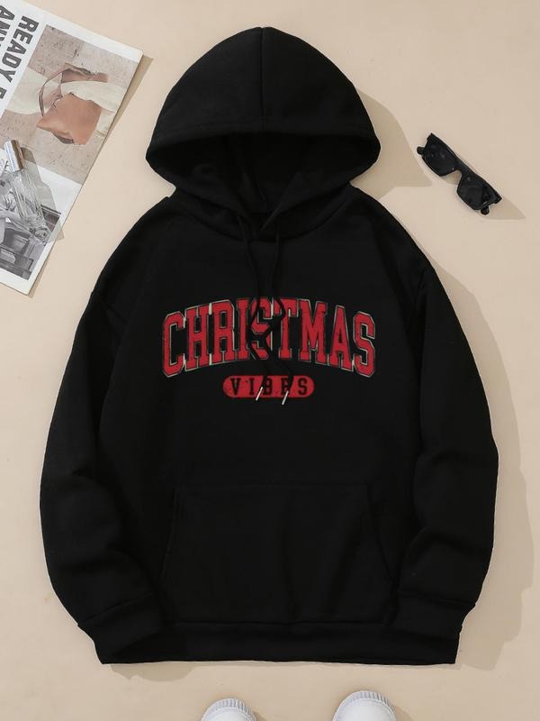 Women's Letter Print Drawstring Pocket Hoodie, Casual Long Sleeve Hooded Sweatshirt for Fall & Winter, Women's Clothes...