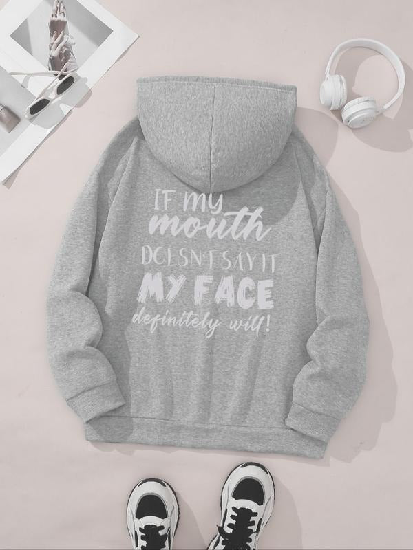 Women's Letter Print Drawstring Pocket Hoodie, Casual Long Sleeve Hooded Sweatshirt for Spring & Fall, Fashion Women's...
