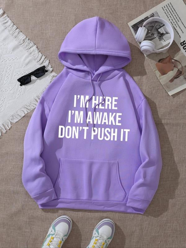 Women's Letter Print Drawstring Pocket Hoodie, Fashion Casual Drop Shoulder Hooded Sweatshirt for Daily Holiday Outdoor...