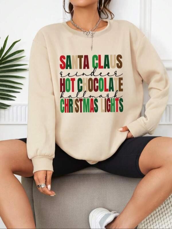 Women's Letter Print Drop Shoulder Christmas Sweatshirt, Casual Long Sleeve Round Neck Pullover for Daily Holiday Wear,...