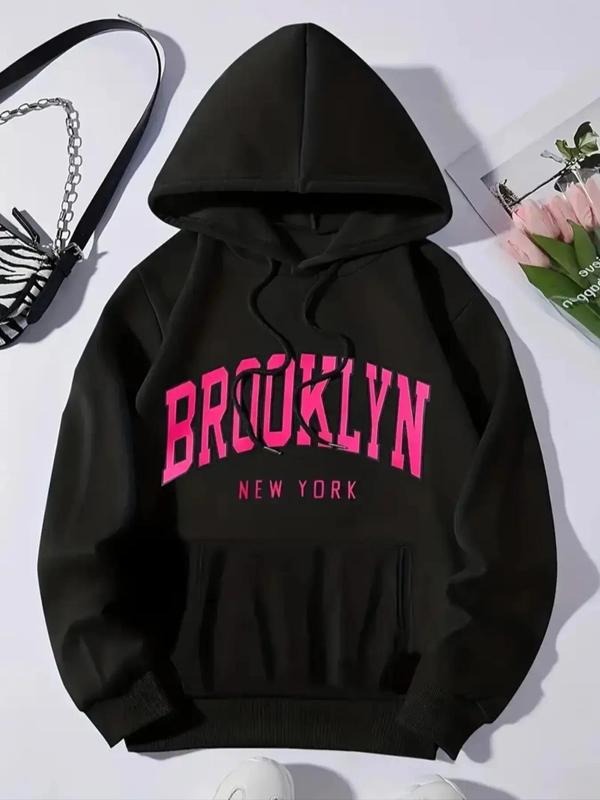 Women's Letter Print Drop Shoulder Drawstring Hoodie, Casual Fashion Pocket Hooded Sweatshirt For Daily Wear, Women Fall...