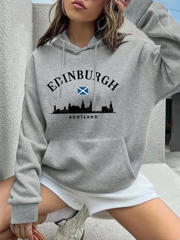Women's Letter Print Drop Shoulder Drawstring Hoodie, Casual Long Sleeve Kangaroo Pocket Hooded Sweatshirt for Fall &...