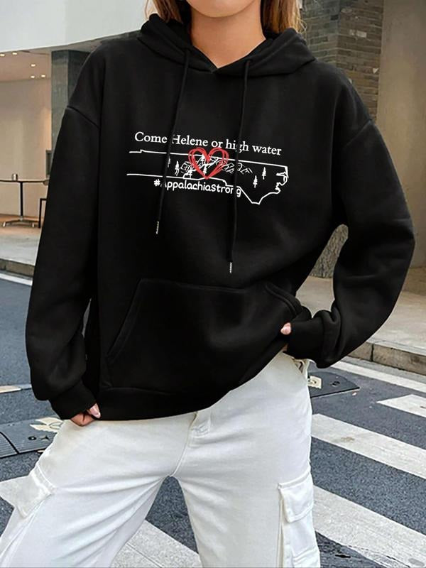 Women's Letter Print Drop Shoulder Drawstring Hoodie, Casual Long Sleeve Kangaroo Pocket Hooded Sweatshirt for Fall &...