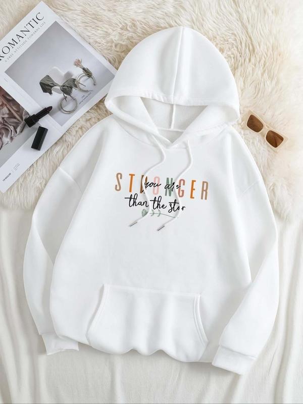 Women's Letter Print Drop Shoulder Drawstring Hoodie, Fashion Casual Kangaroo Pocket Hooded Sweatshirt for Daily Holiday...