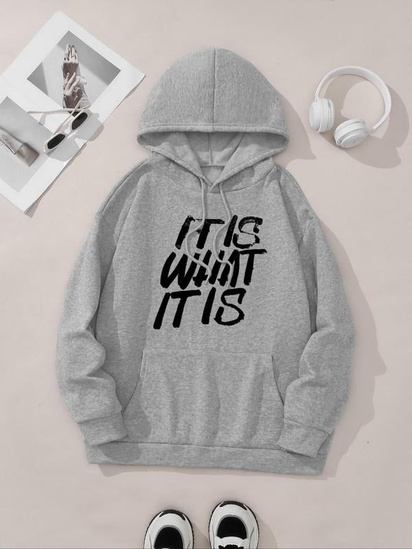 Women's Letter Print Drop Shoulder Drawstring Hoodie, Fashion Casual Kangaroo Pocket Hooded Sweatshirt for Daily Holiday...