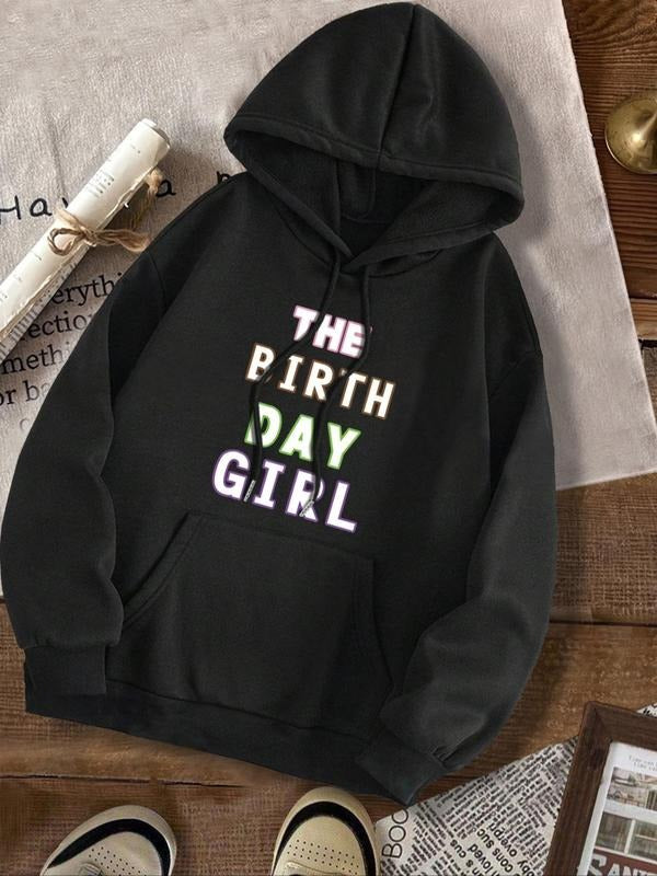 Women's Letter Print Drop Shoulder Drawstring Hoodie, Fashion Casual Kangaroo Pocket Hooded Sweatshirt for Daily Holiday...