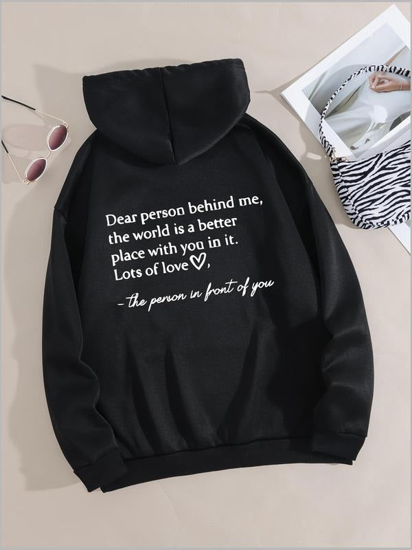 Women's Letter Print Drop Shoulder Drawstring Hoodie, Fashion Casual Kangaroo Pocket Hooded Sweatshirt for Daily Holiday...