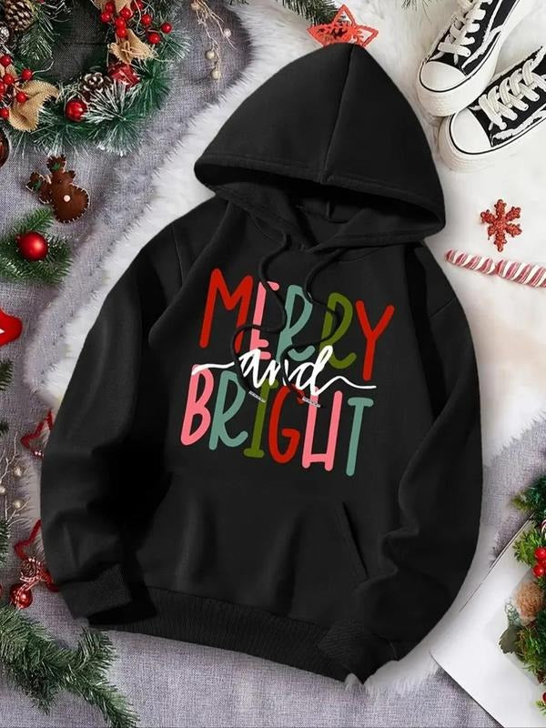 Women's Letter Print Drop Shoulder Drawstring Hoodie, Fashion Casual Kangaroo Pocket Hooded Sweatshirt for Daily Holiday...