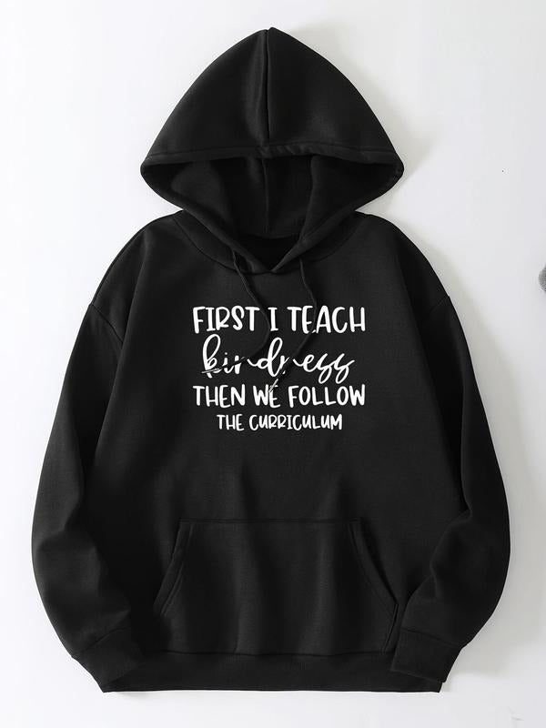 Women's Letter Print Drop Shoulder Drawstring Hoodie, Fashion Casual Kangaroo Pocket Hooded Sweatshirt for Daily Holiday...
