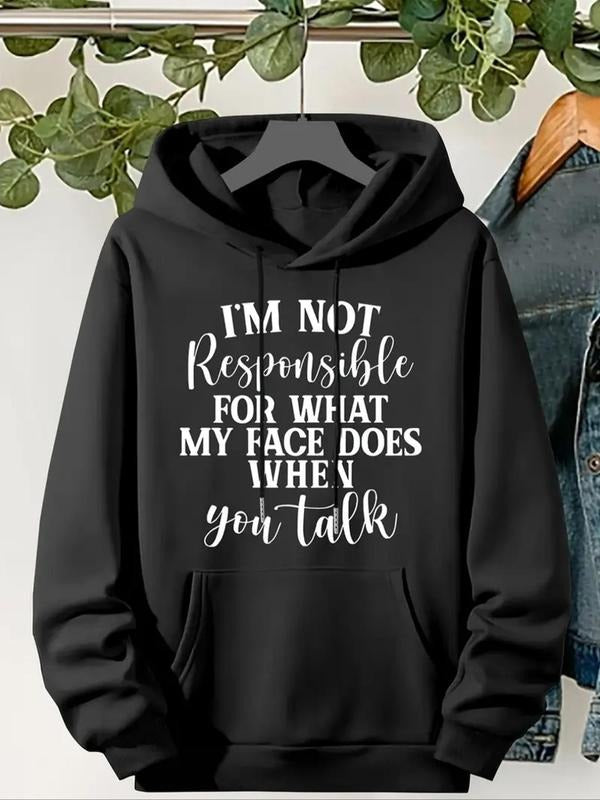 Women's Letter Print Drop Shoulder Drawstring Hoodie, Fashion Casual Kangaroo Pocket Hooded Sweatshirt for Daily Holiday...