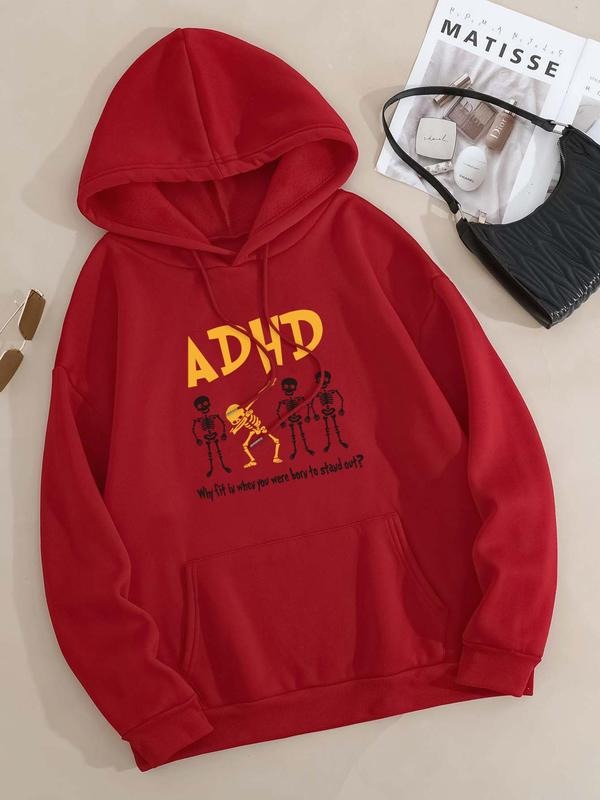 Women's Letter Print Drop Shoulder Drawstring Hoodie, Fashion Casual Kangaroo Pocket Hooded Sweatshirt for Daily Holiday...