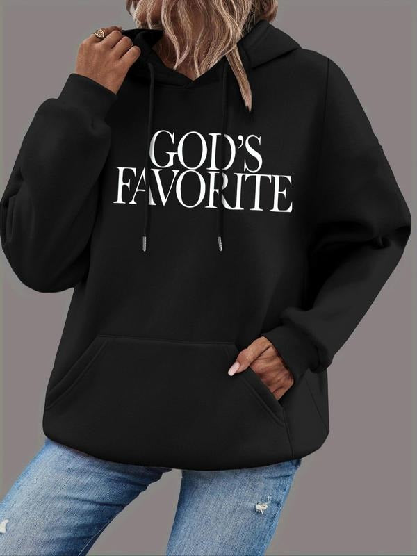 Women's Letter Print Drop Shoulder Drawstring Hoodie, Fashion Casual Kangaroo Pocket Hooded Sweatshirt for Daily Holiday...