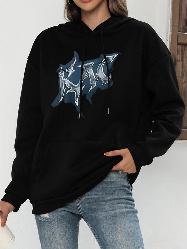 Women's Letter Print Drop Shoulder Drawstring Hoodie, Fashion Casual Kangaroo Pocket Hooded Sweatshirt for Daily Holiday...