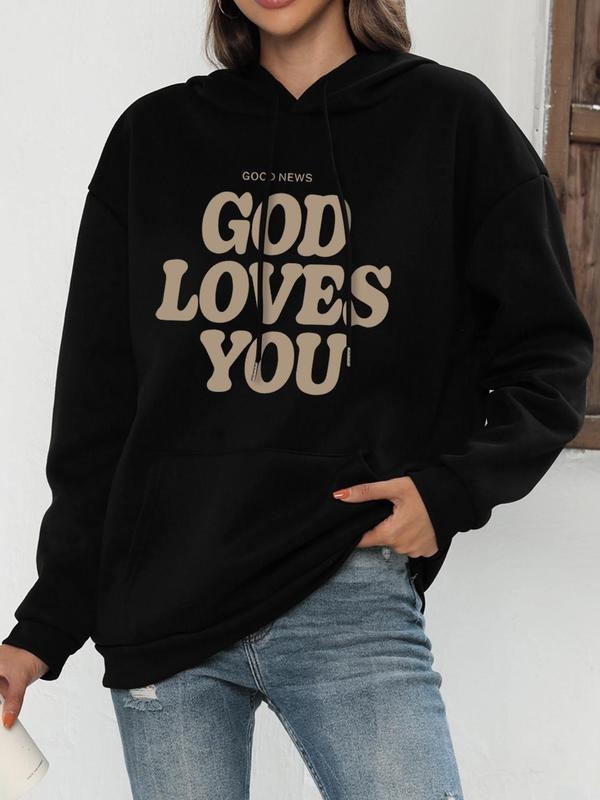 Women's Letter Print Drop Shoulder Drawstring Hoodie, Fashion Casual Kangaroo Pocket Hooded Sweatshirt for Daily Holiday...