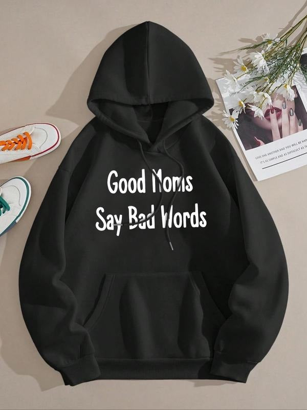 Women's Letter Print Drop Shoulder Drawstring Hoodie, Fashion Casual Kangaroo Pocket Hooded Sweatshirt for Daily Holiday...