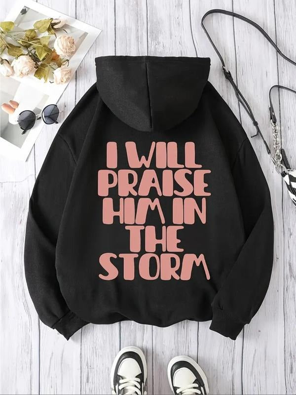 Women's Letter Print Drop Shoulder Drawstring Hoodie, Fashion Casual Kangaroo Pocket Hooded Sweatshirt for Daily Holiday...
