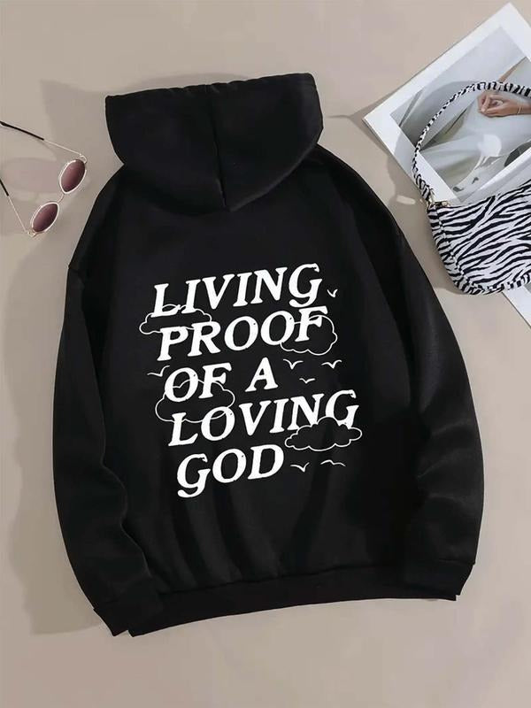 Women's Letter Print Drop Shoulder Drawstring Hoodie, Fashion Casual Kangaroo Pocket Hooded Sweatshirt for Daily Holiday...