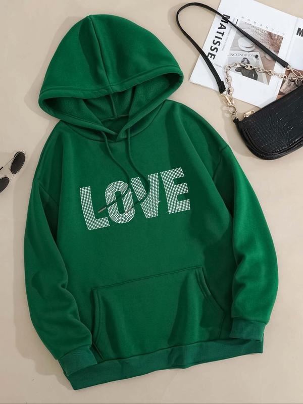 Women's Letter Print Drop Shoulder Drawstring Hoodie, Fashion Casual Kangaroo Pocket Hooded Sweatshirt for Daily Holiday...