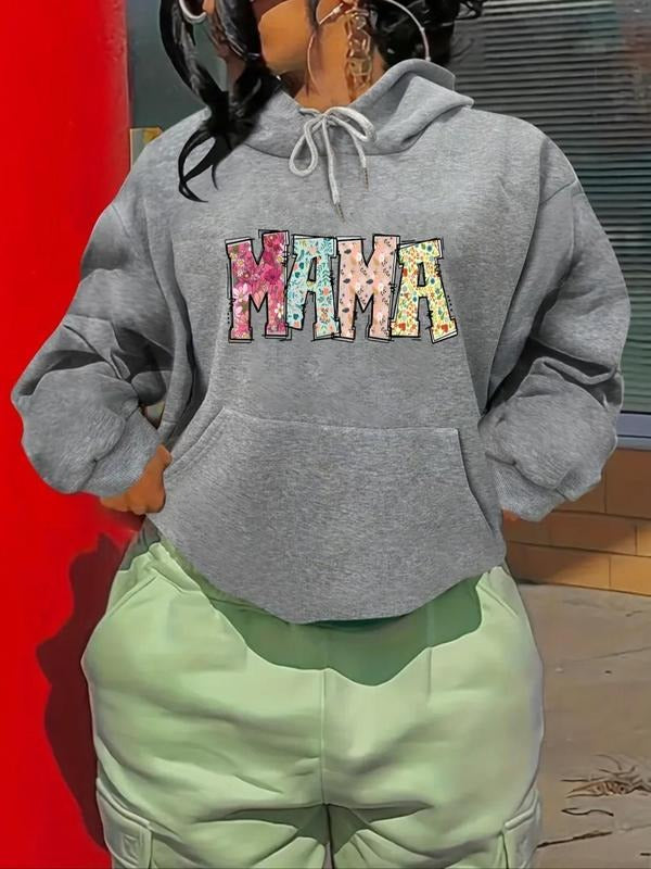 Women's Letter Print Drop Shoulder Drawstring Hoodie, Fashion Casual Kangaroo Pocket Hooded Sweatshirt for Daily Holiday...