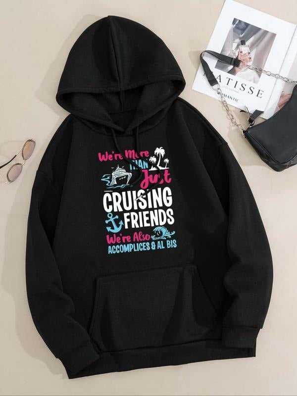 Women's Letter Print Drop Shoulder Drawstring Hoodie, Fashion Casual Kangaroo Pocket Hooded Sweatshirt for Daily Holiday...