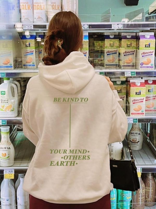 Women's Letter Print Drop Shoulder Drawstring Hoodie, Fashion Casual Kangaroo Pocket Hooded Sweatshirt for Daily Wear,...