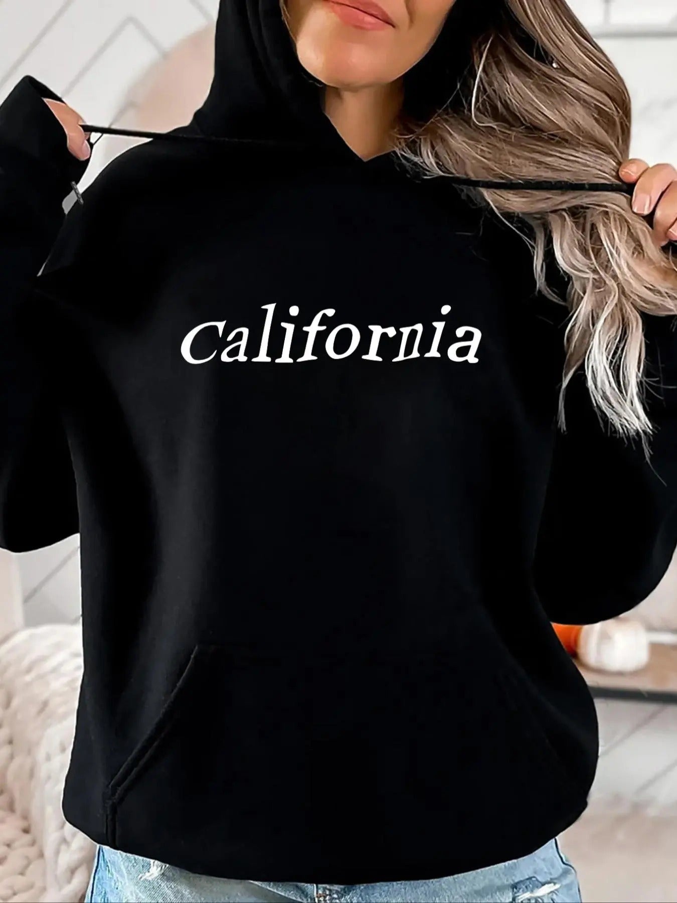 Women's Letter Print Drop Shoulder Drawstring Hoodie, Stylish Kangaroo Pocket Long Sleeve Hooded Sweatshirt for Daily...