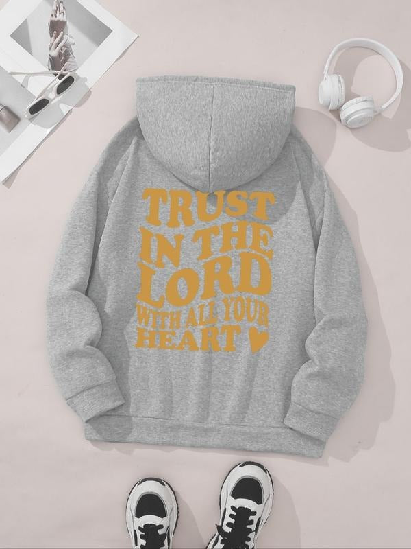Women's Letter Print Drop Shoulder Hoodie, Casual Drawstring Kangaroo Pocket Hooded Sweatshirt for Daily Holiday Outdoor...