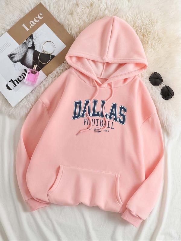 Women's Letter Print Drop Shoulder Hoodie, Casual Long Sleeve Drawstring Kangaroo Pocket Hooded Sweatshirt for Fall &...
