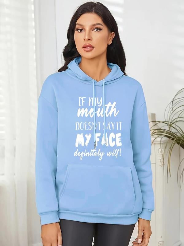 Women's Letter Print Drop Shoulder Hoodie, Fashion Casual Drawstring Kangaroo Pocket Hooded Sweatshirt for Daily Holiday...