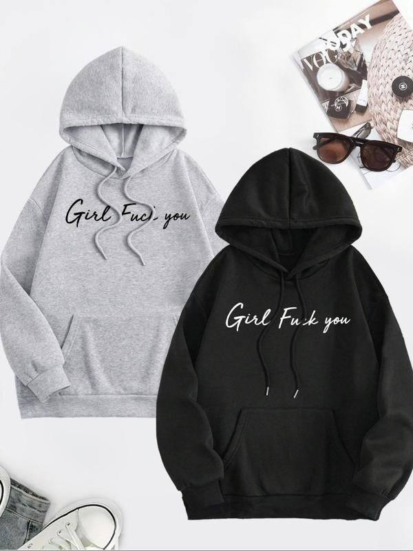 Women's Letter Print Drop Shoulder Hoodie, Fashion Casual Drawstring Kangaroo Pocket Hooded Sweatshirt for Daily Holiday...
