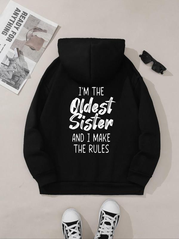 Women's Letter Print Drop Shoulder Hoodie, Fashion Casual Drawstring Pocket Hooded Sweatshirt for Daily Holiday Outdoor...