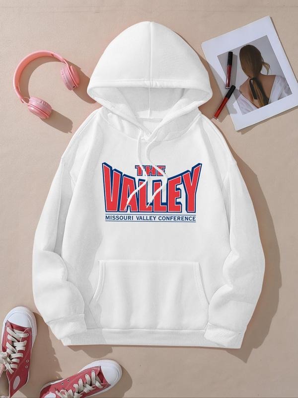 Women's Letter Print Drop Shoulder Hoodie, Fashion Casual Drawstring Pocket Hooded Sweatshirt for Daily Holiday Outdoor...