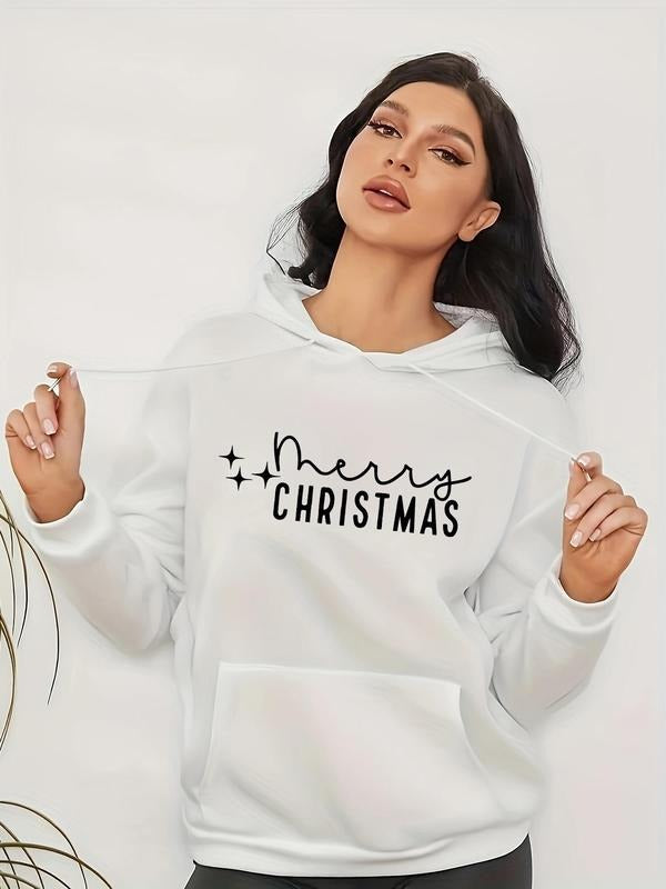 Women's Letter Print Drop Shoulder Hoodie, Fashion Casual Drawstring Pocket Hooded Sweatshirt for Daily Holiday Outdoor...