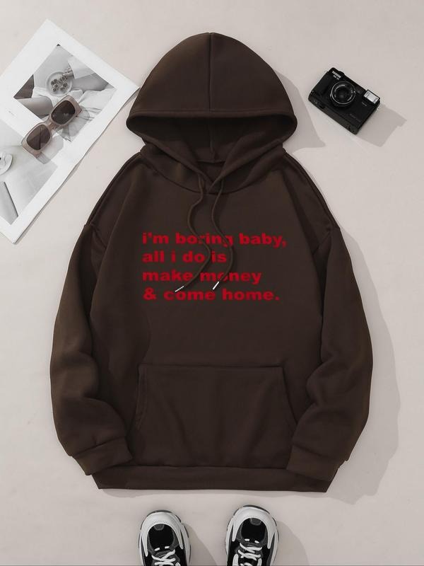Women's Letter Print Drop Shoulder Hoodie, Fashion Casual Drawstring Pocket Hooded Sweatshirt for Daily Holiday Outdoor...