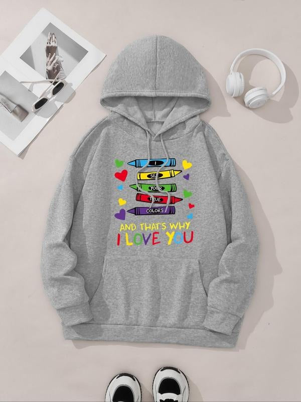 Women's Letter Print Drop Shoulder Hoodie, Fashion Casual Drawstring Pocket Hooded Sweatshirt for Daily Holiday Outdoor...