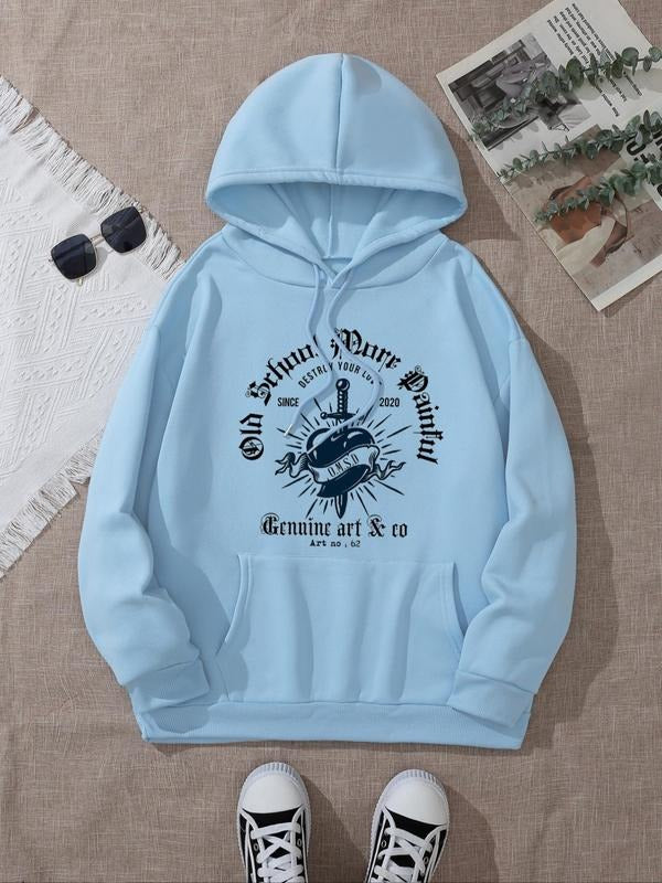 Women's Letter Print Drop Shoulder Hoodie, Fashion Casual Drawstring Pocket Hooded Sweatshirt for Daily Holiday Outdoor...
