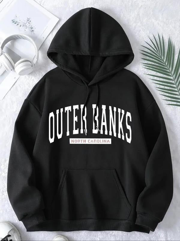 Women's Letter Print Drop Shoulder Hoodie, Fashion Casual Drawstring Pocket Hooded Sweatshirt for Daily Holiday Outdoor...