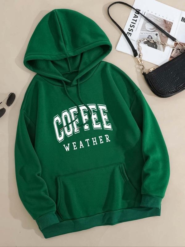 Women's Letter Print Drop Shoulder Hoodie, Fashion Casual Drawstring Pocket Hooded Sweatshirt for Daily Holiday Outdoor...