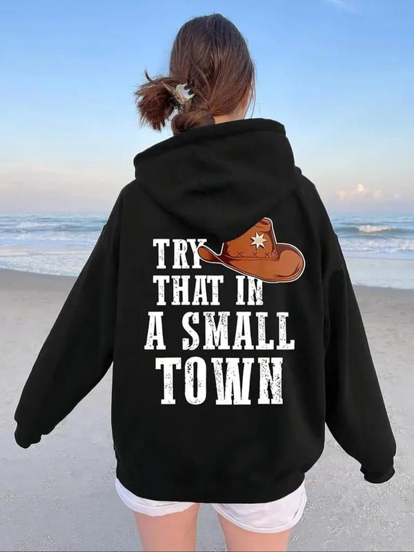 Women's Letter Print Drop Shoulder Hoodie, Fashion Casual Drawstring Pocket Hooded Sweatshirt for Daily Holiday Outdoor...